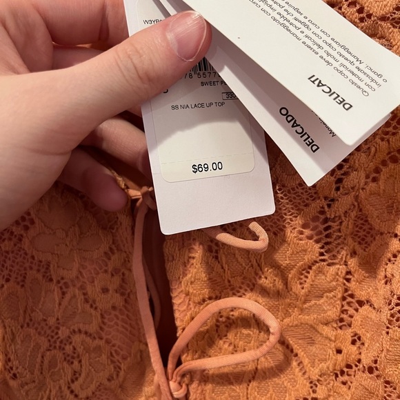 🧁GUESS Orange Floral Lace Mesh Tie Top Coquette Office Spring Cottagecore Boho - Picture 5 of 10